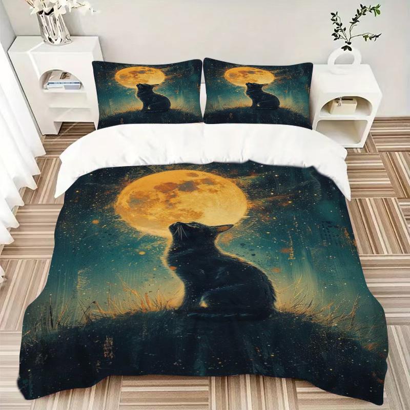 3pcs Anime Cat Moon Bedding Set - Includes One Quilt Cover and Two Pillowcases (No Core) - Polyester Fabric, Perfect for Bedroom and Guest R