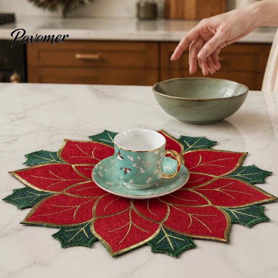Decorative Mats for Parties Christmas Floral Leaf Placemat Dining Table, Polyester Fabric Table Seasonal Tableware Kitchen with Festive Leaves Design