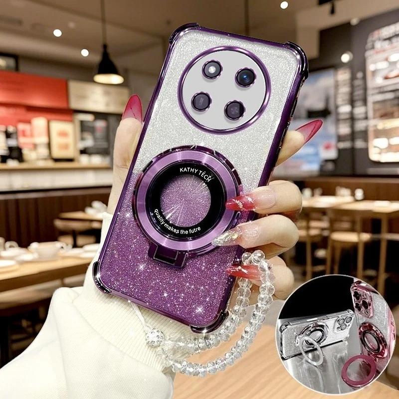 Magic7lite Clear Chain Luxury Ring Holder Plating Silicone Case on For Huawei Honor Magic 7 6 5 Magic7 Lite X9c Shockproof Cover