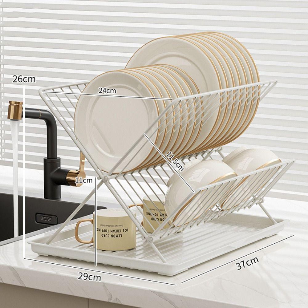 Non-slip Foldable Dish Drying Rack 2 Tier Plate Drying Shelf Kitchen Tableware Holder  Bow Plate