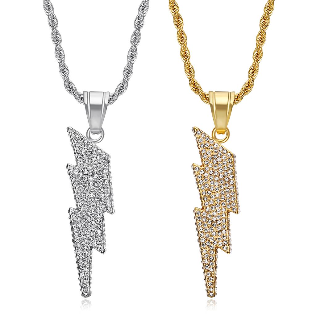 2026 Jewelry 18K Gold Plated Full Diamond Lightning Pendant Necklace Men's Jewelry Accessories