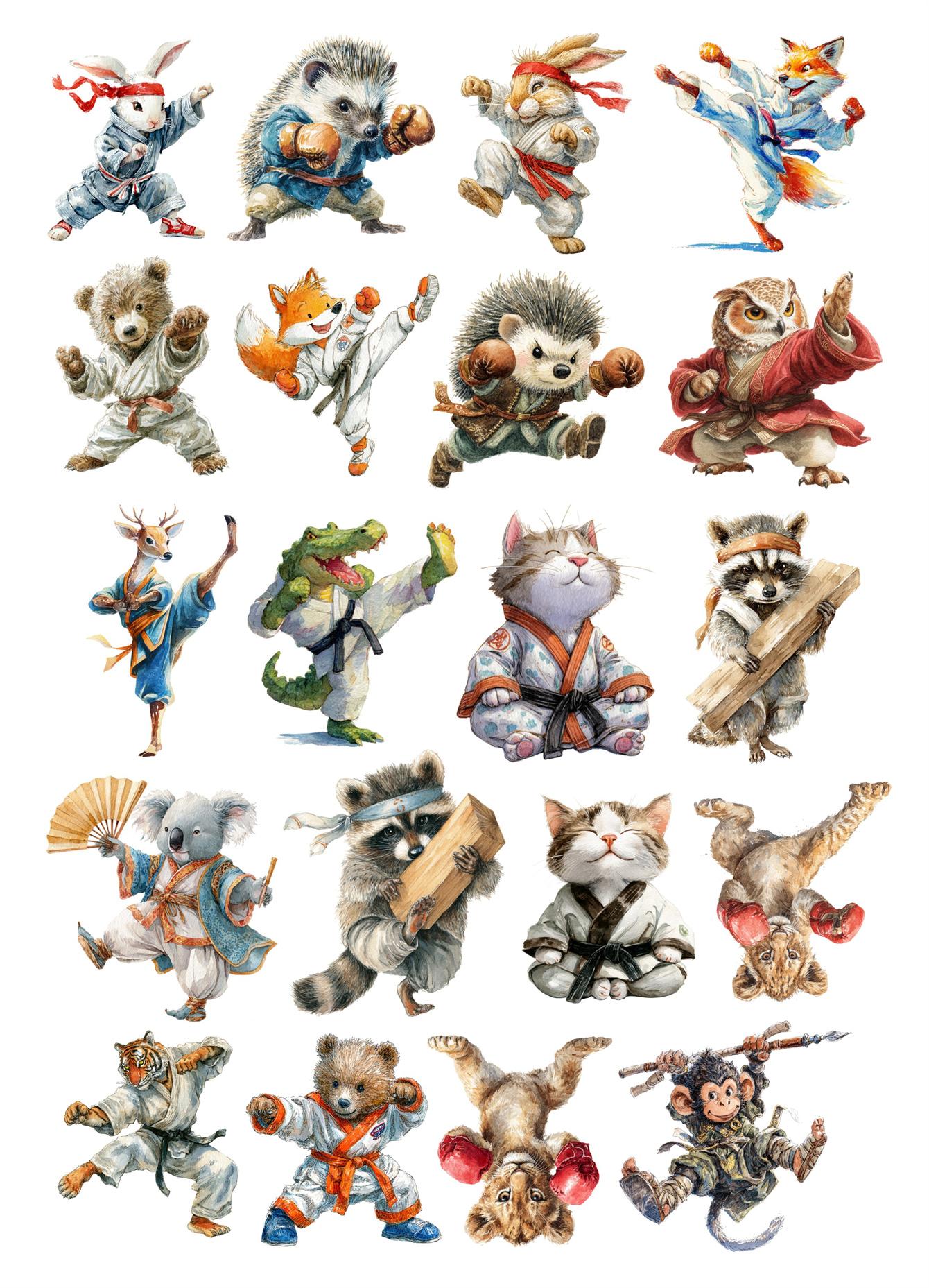 

Lovely Cute Kung Fu Animal Hand Account Stickers Cute Mobile Phone Tablet Ins Wind Character Decoration Material Stationery diy білий
