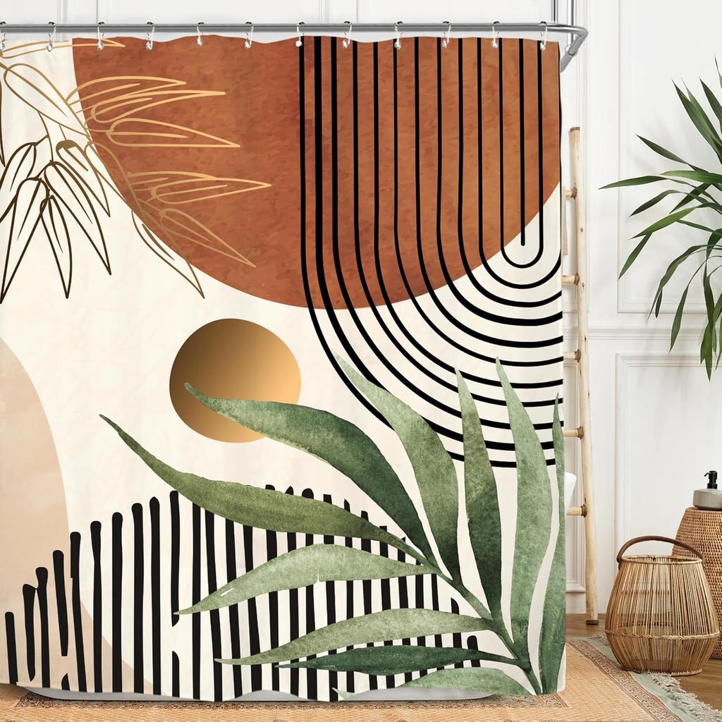 Abstract Leaves Shower Curtain Set Emerald Green Modern Tropical Mid Century Simple Minimalist Chic Polyester Waterproof Cloth