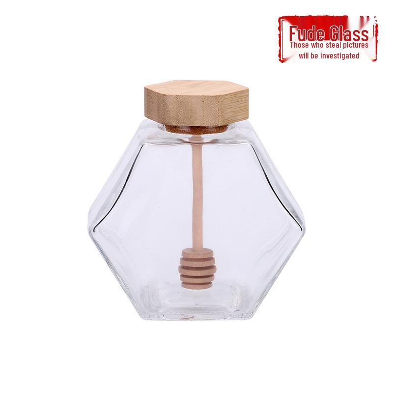 Hexagonal Glass Honey Jar with Wood, Iron, or UV Lid