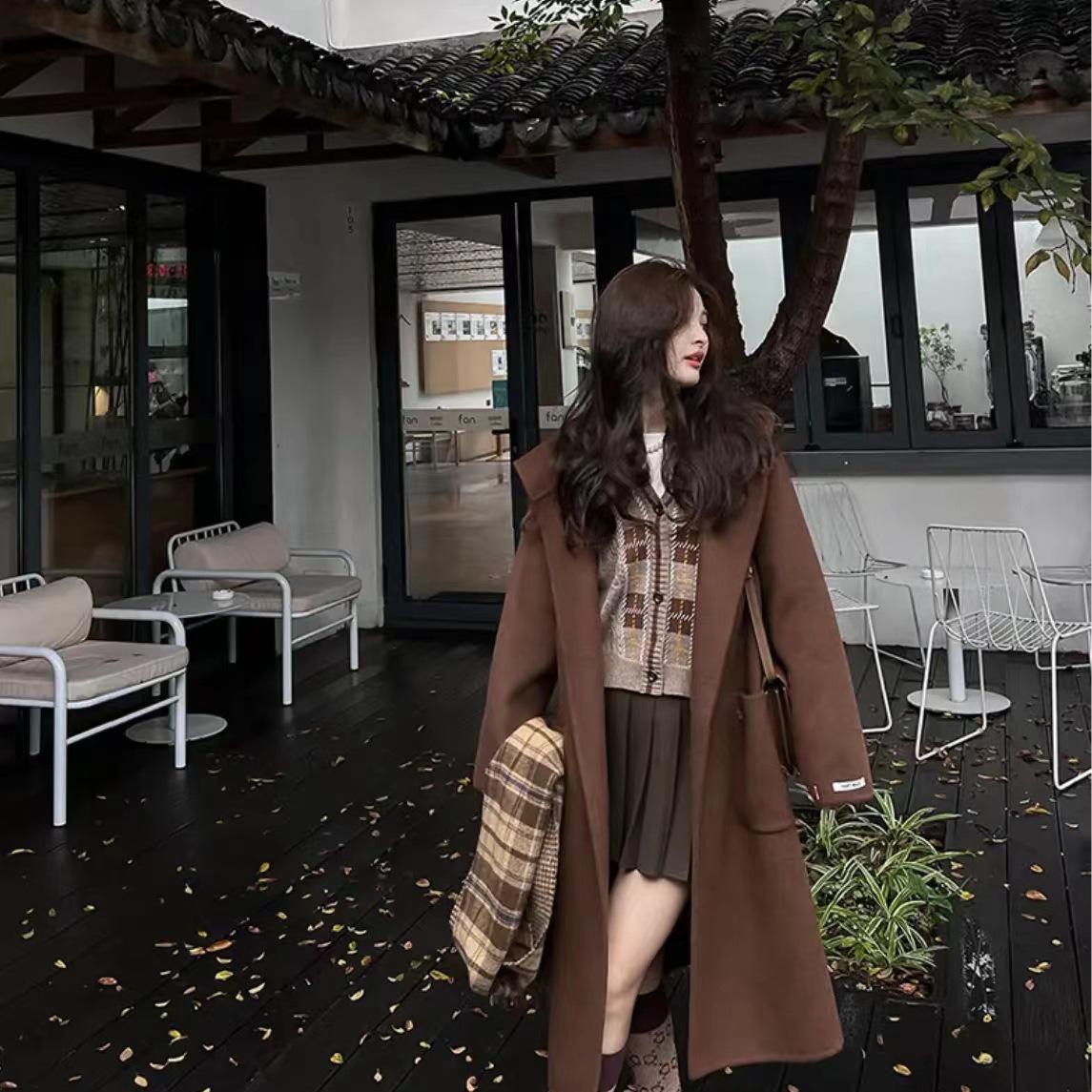 

Женское шерстяное пальто средней длины с капюшоном, корейский стиль 2025, свободное с поясом, приталенное M 140-165