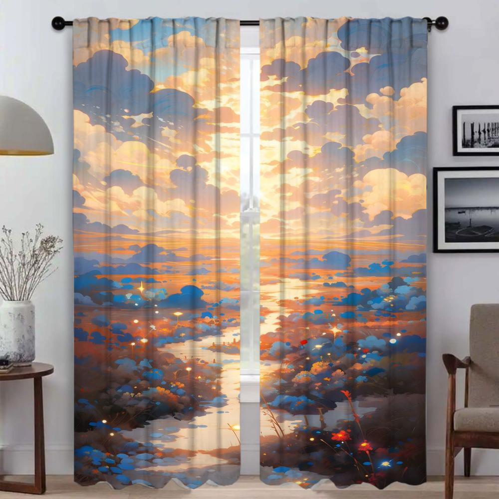 Curtains for Living Room Curtain Sky and Ocean Kitchen Curtains 2 Pieces Halloween Decoration Tulle for Bedroom Partition Camera