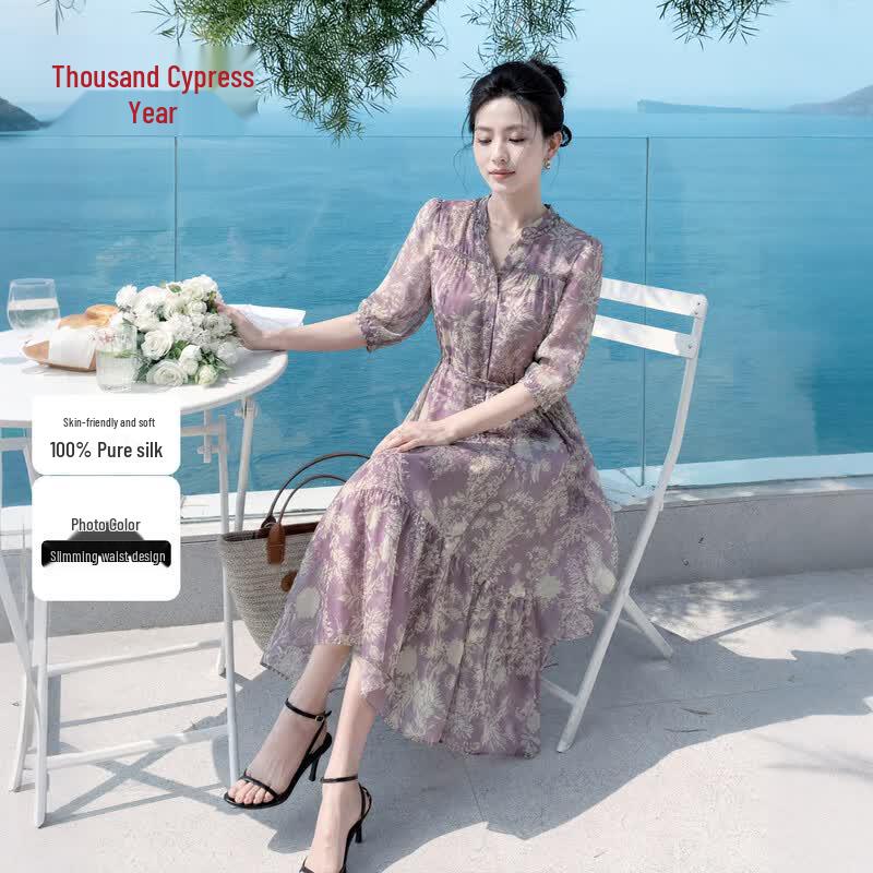 Qianbainian Elegant V-Neck 100% Mulberry Silk Midi Dress M