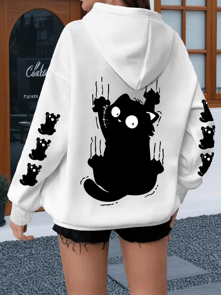 Bang Klein Zwart Katje Minimalistische Zwart-Witte Print Hoodie voor Grote Maten Dames Sweatshirt Winterkleding Dames