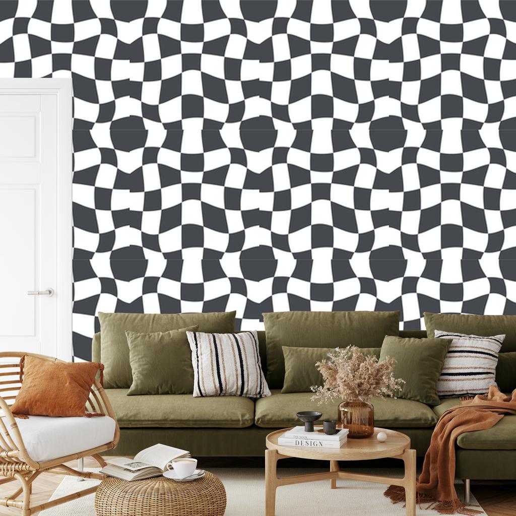 Casual Checkerboard Wallpaper In White and Navy Blue for the Living Room and Bedroom 50x1000