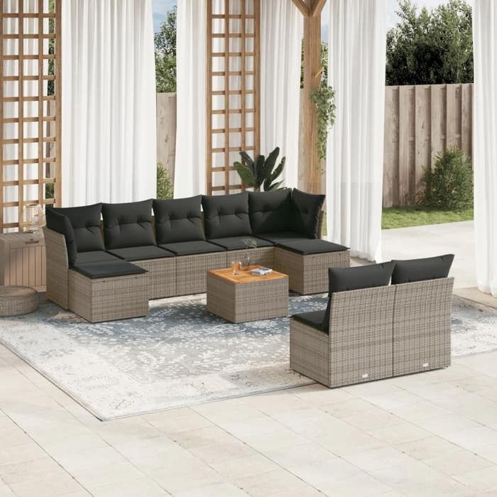 VidaXL Salon de Jardin avec Coussins 10 pcs, Canapés de Terrasse, Ensemble de Meubles de Patio, Mobilier d'Extérieur, Gris 3256193