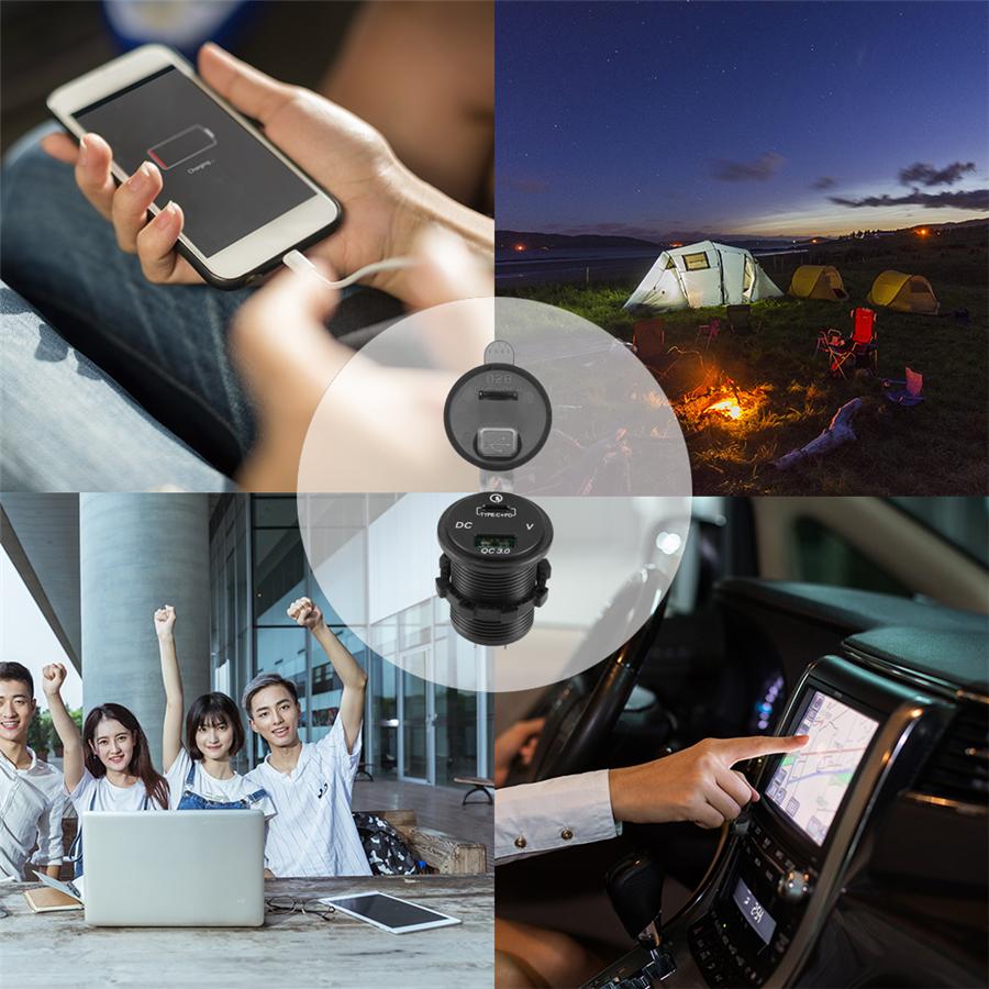 Car QC 3.0 Charger USB Type C Phone Fast Charging Socket w/ Blue LED Voltmeter