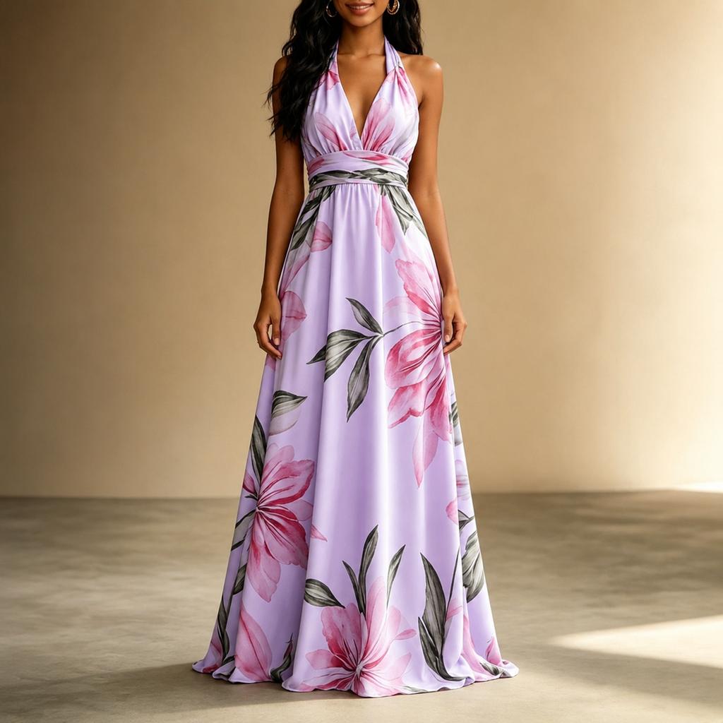 Women Neck Long Dress Backless Vacation Style Elegant Maxi Dress with Adjustable Tie and Floral Print for Summer Outings