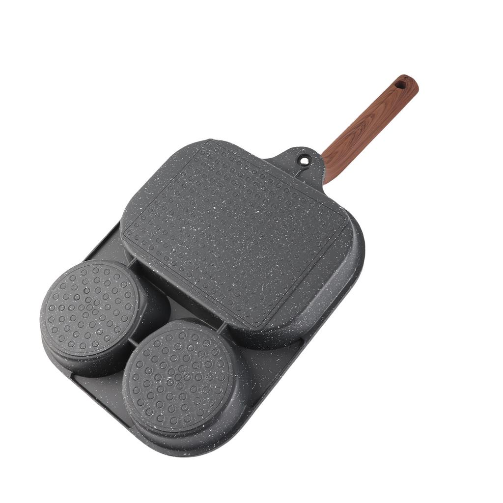 Egg Frying Pan 3 Section Stick Proof Flat Bottom Breakfast Cooking Pan with Heat Resistant Handle for Steak Omelette Black