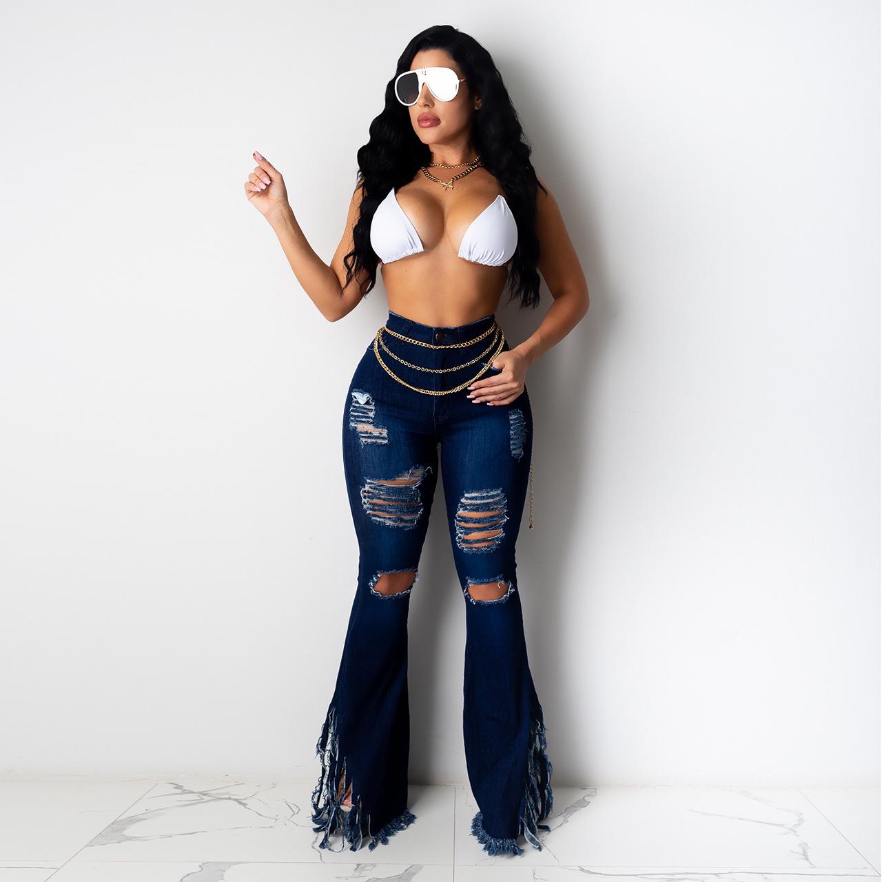 

Women s European & American Style Ripped Fringe Washed Denim Jeans 2XL синій
