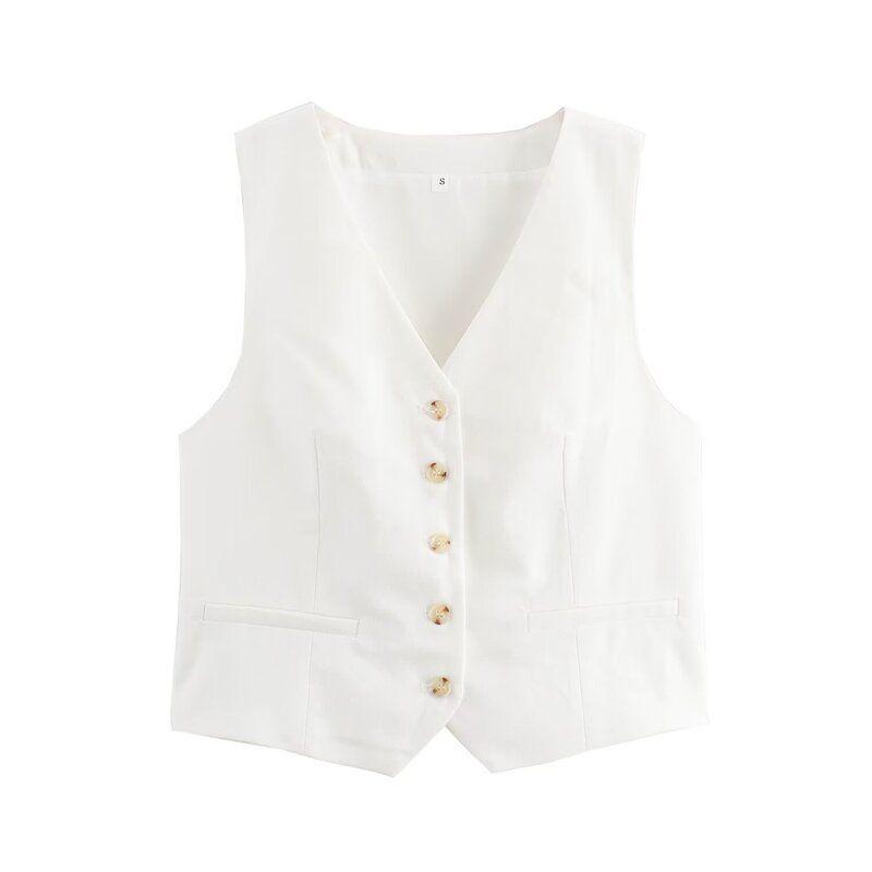

Fashion Style Autumn New Women s Clothing Linen Blend Sleeveless V-neck Vest High Waist Pants 2010765 Vest L
