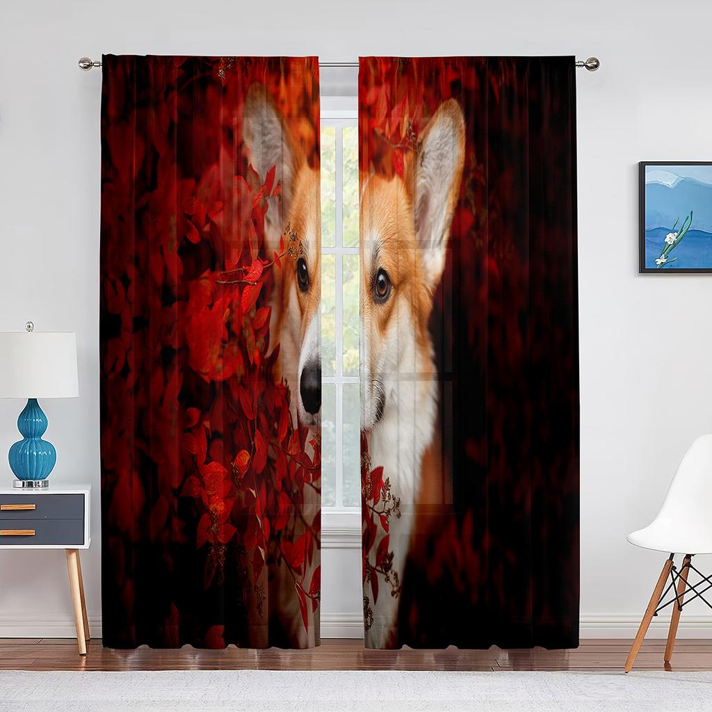 Corgi In The Flower Field Puppy Dog Sheer Curtains Window Treatment for Kitchen Living Room Bedroom Decor Modern Tulle Curtains
