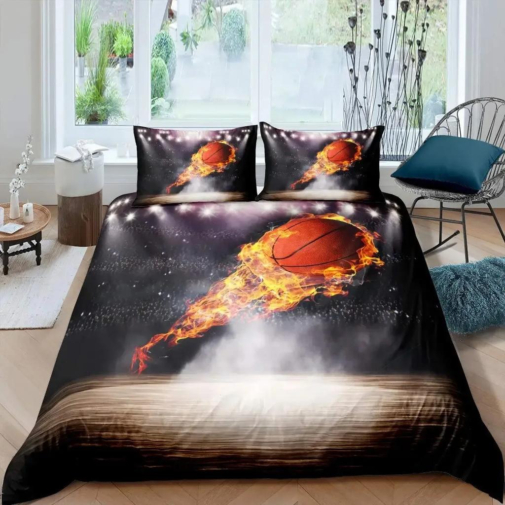 Basketball Duvet Cover Set Black 3D Ball Sports Theme Bedding Set Microfiber Basketball Court Competitive Games King Quilt Cover