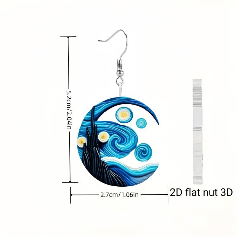 1 pair of Van Gogh starry sky pattern acrylic earrings, moon black cat unique ladies earrings, very suitable for daily party wea