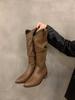 Coarse Heel Pleated Long Knight Boots Women's Shoes 2025 New Autumn and Winter Western Thin and Thin Long Boots