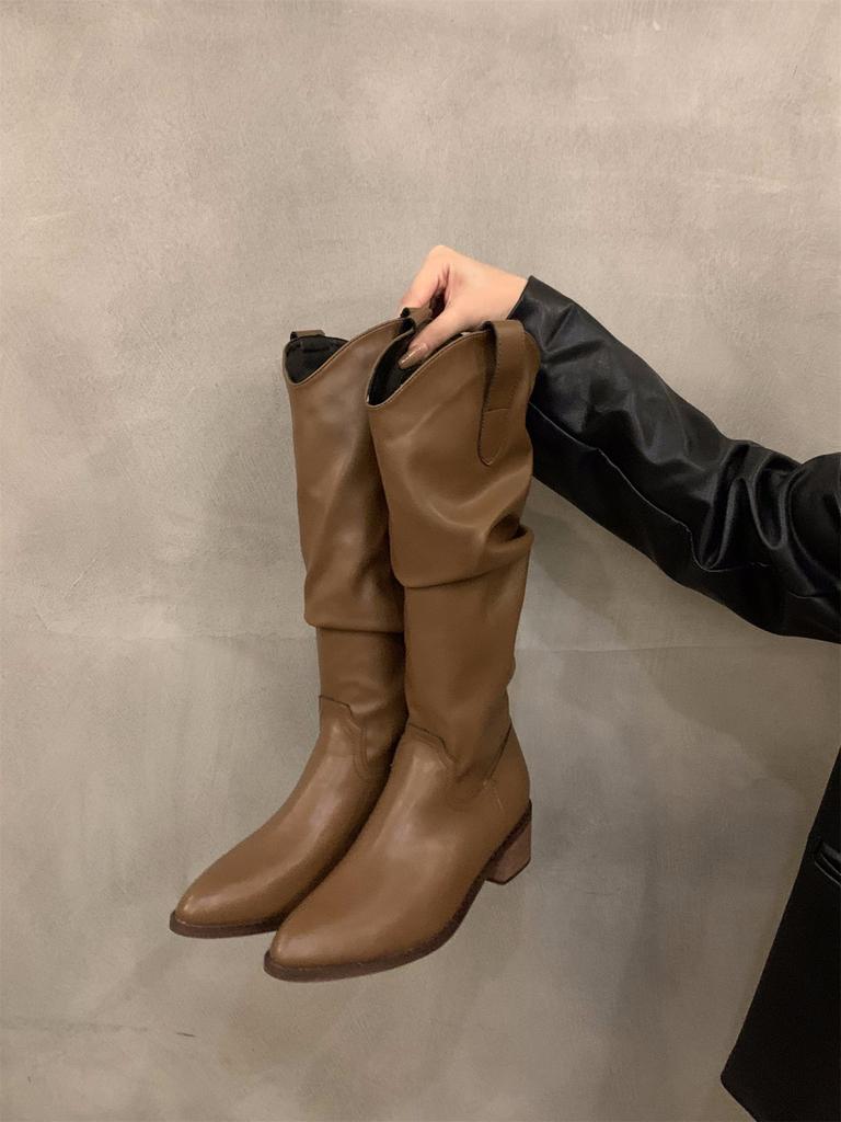 Coarse Heel Pleated Long Knight Boots Women's Shoes 2025 New Autumn and Winter Western Thin and Thin Long Boots