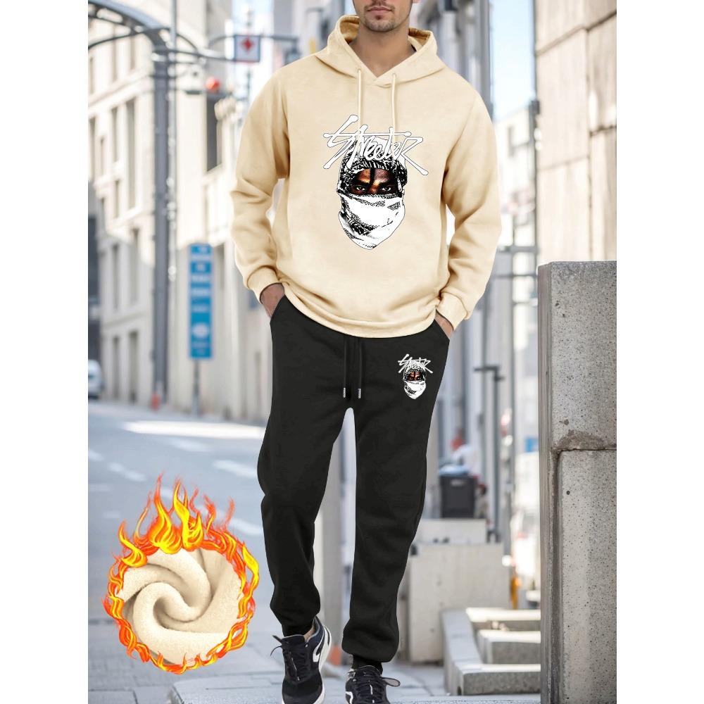 Set trening casual de iarnă cu glugă, Tricot din poliester, Croială normală, cu design imprimat, cu buzunare, pentru bărbați