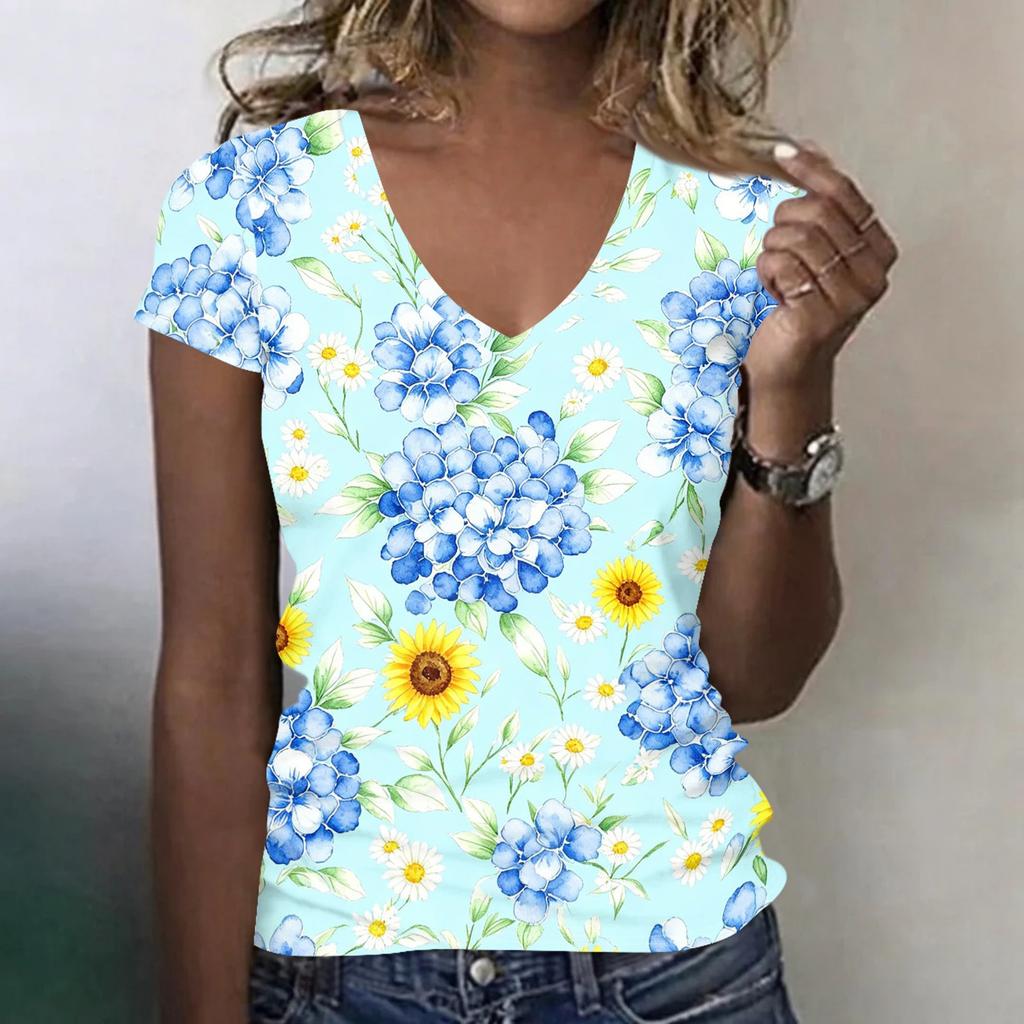 Women Casual V Neck Short Sleeve Floral Print T Shirt Lightweight Soft Fabric Summer Top for Everyday Wear