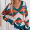 Cut-out Knitted Sweater, Geometric Pattern Jacquard Pullover, V-neck Style, Long-sleeved Ethnic Style Top
