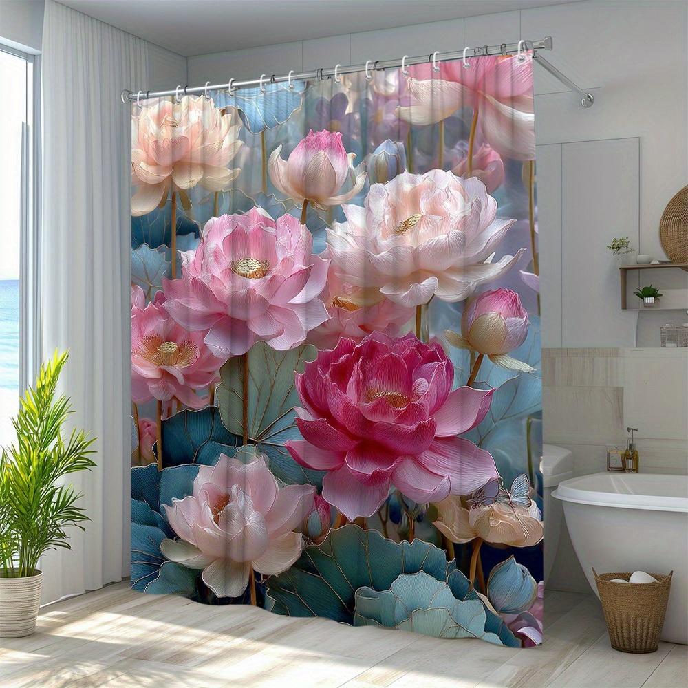 1pc Floral Shower Curtain Large for Lotus Pattern Bathroom Decoration Polyester Fabric with 12 Hooks 70. 8X70. 8 Inch
