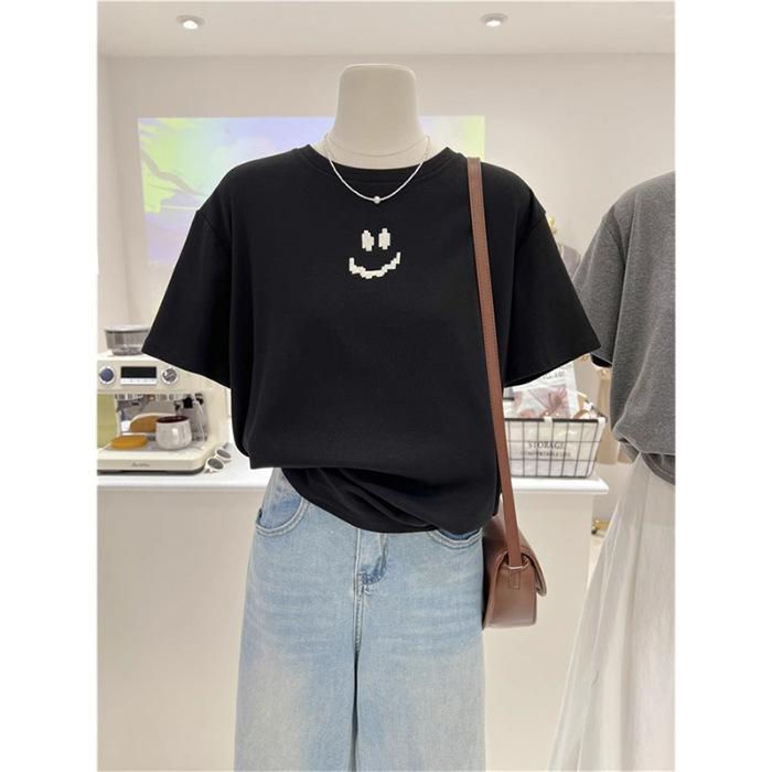 

Pure cotton spring and summer versatile simple smiley face gray loose and thin short-sleeved bottoming shirt T-shirt women s niche lazy 3XL