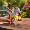 Lampă Solară Durabilă de Exterior Lumina Grădină, Felinar Cal Zburător cu Aripi Curcubeu din Rășină cu Aprindere Automată Lumina Gradient Culoare Stingere, Decor de Basm pentru
