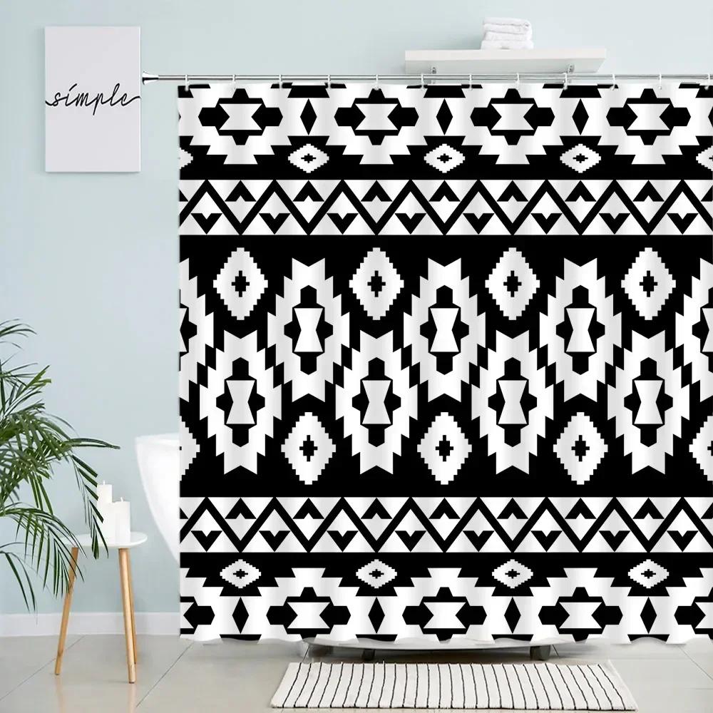 Creative Geometric Shower Curtains Retro Ethnic Style Design Pattern Print Modern Nordic Boho Bathroom Decor Bath Curtain Hooks