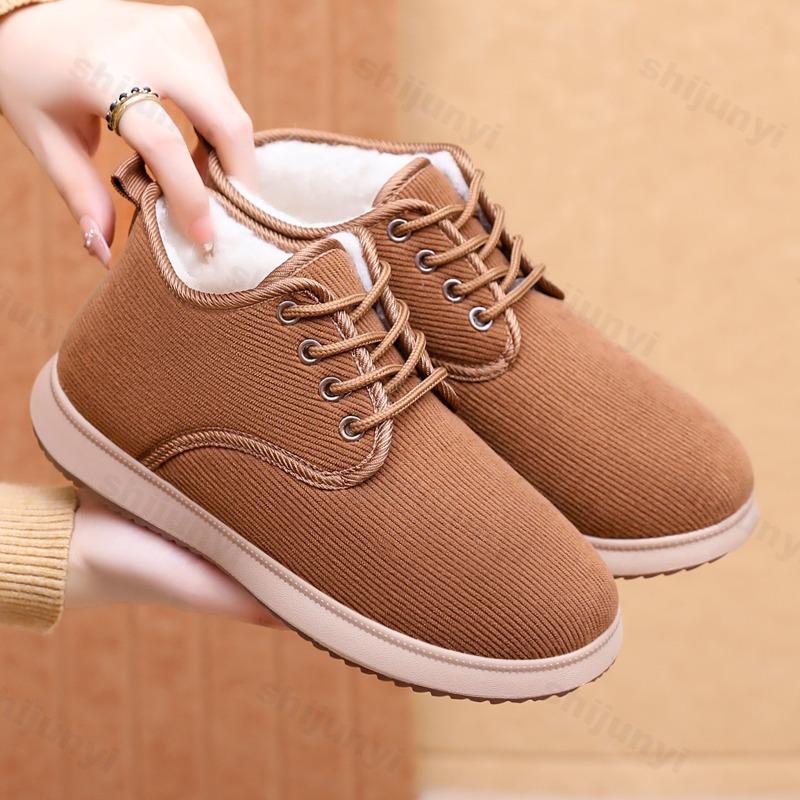 Sapatos de Algodão Femininos 2026 Inverno Novo Pelúcia Engrossado Casual Vintage Botas de Neve Outdoor Antiderrapante Conforto Moda Cadarço Sapatos Quentes