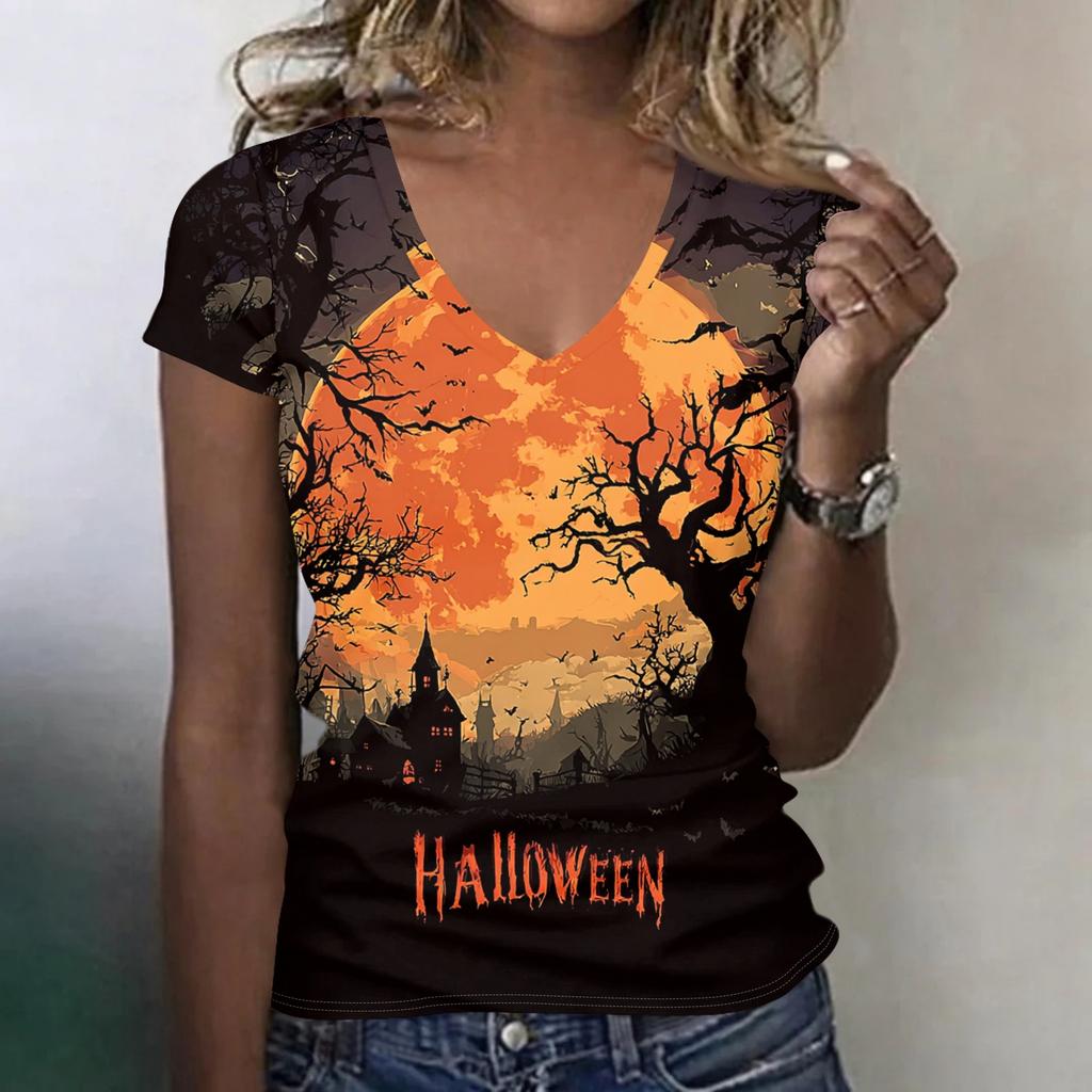 Women's V-Neck Halloween Print Lightweight Blouse for Spring and Summer