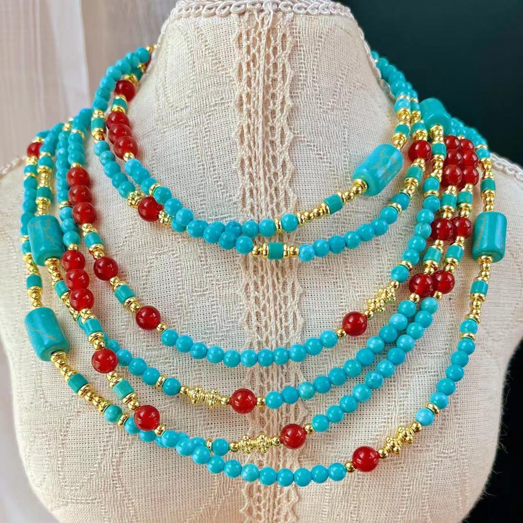 Vintage Artificial Turquoise Natural Chalcedony Collarbone Chain Necklace