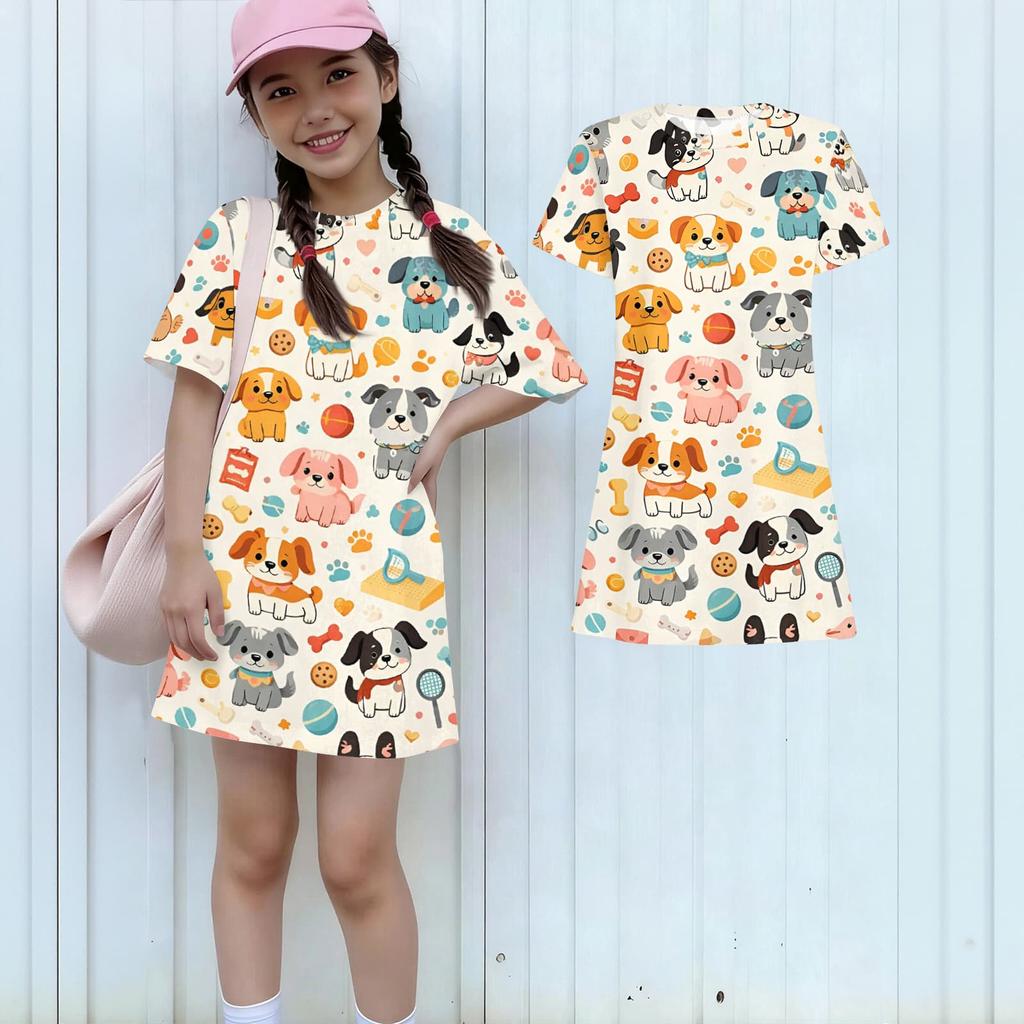 Girls Print Casual Dress Kids Loose Round Neck Short Sleeve Thin Sundress