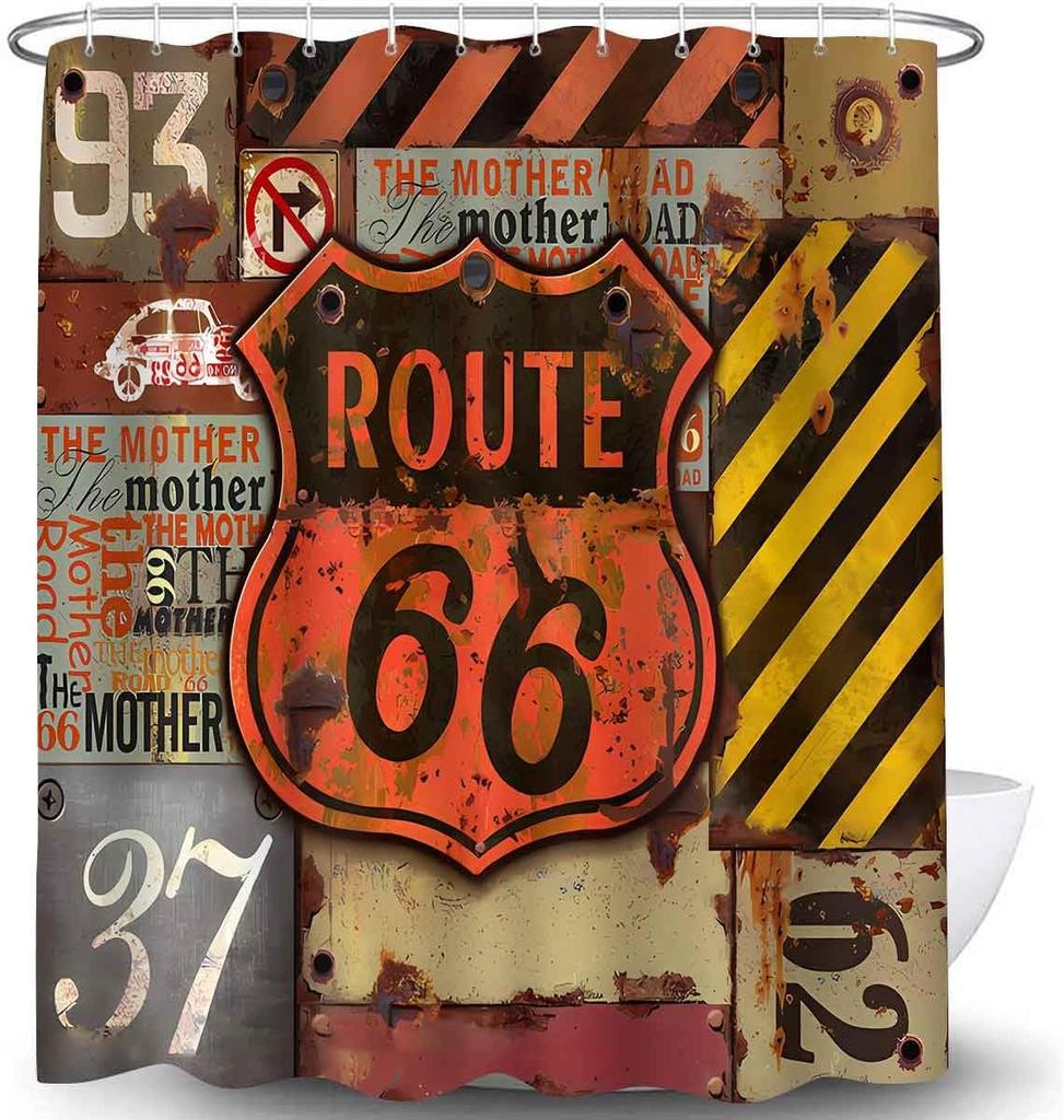 American Road Sign Highway Shower Curtain For Bathroom Decorative Shower Curtain, Retro With 12 Hooks 180X180Cm