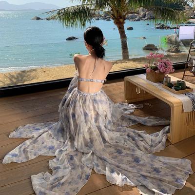 Women's Summer Floral Hanging Neck Waisted Backless Sleeveless Big Swing Loose Dresses