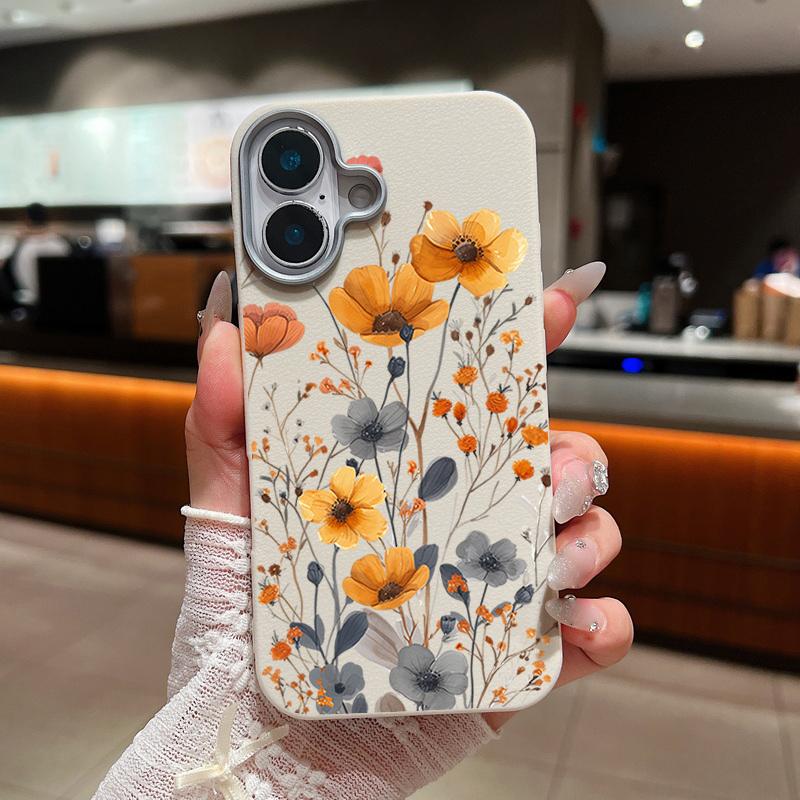 

Тонкий матовый чехол с желтым цветочным принтом для iPhone 16 Pro Max 15 Pro 14 Plus 13 12 11 TPU кожаная текстура противоударный мягкий чехол для телефона iPhone 13 бежевый/белый