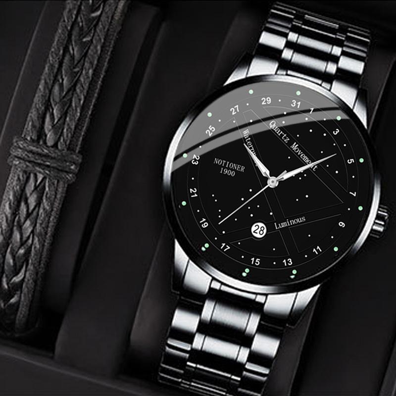 2pcs/set NOTIONR Business Men's Stainless Steel Wristwatches, Fashion Luminous Calendar Quartz Watch,Men's Gift Options