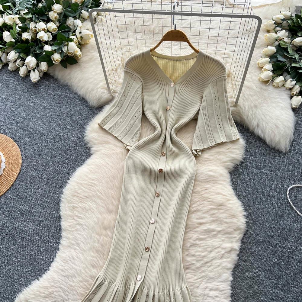 Sommer Damer Elegant V-hals Enkeltspent Strikket Futteral Genser Lang Maxi Fishtail Kjoler