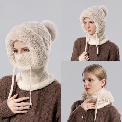Winter Fleece-Lined Knitting Woolen Cap Women's Earflaps Cap Mask Scarf
