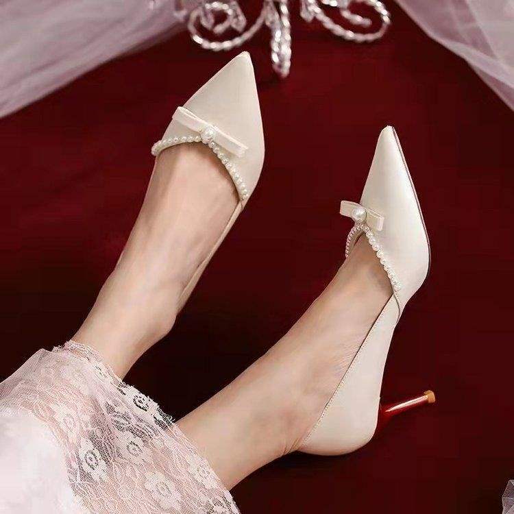 

New pearl high heels women s French stiletto light mouth pointed single shoes bow women s shoes white wedding photos wedding shoes 40