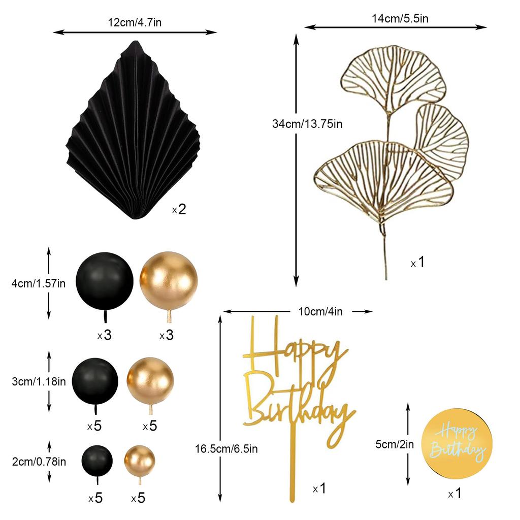 Cake Toppers Happy Birthday Cake Topper Black Gold Balls Cake Decorations for Birthday Wedding Baby Shower Party Decoration