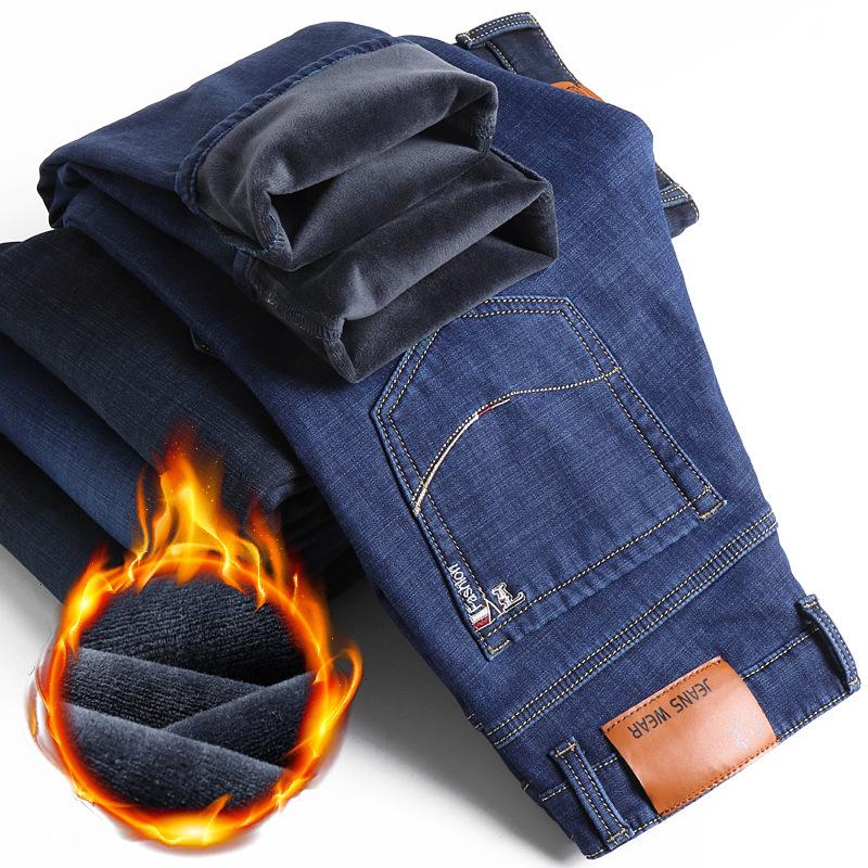 Herre Fleece Jeans Vinter Ny Pluss Størrelse Tykk Varm Rett Stretch Herre Business Casual Arbeid Denim Tykkere Bukser
