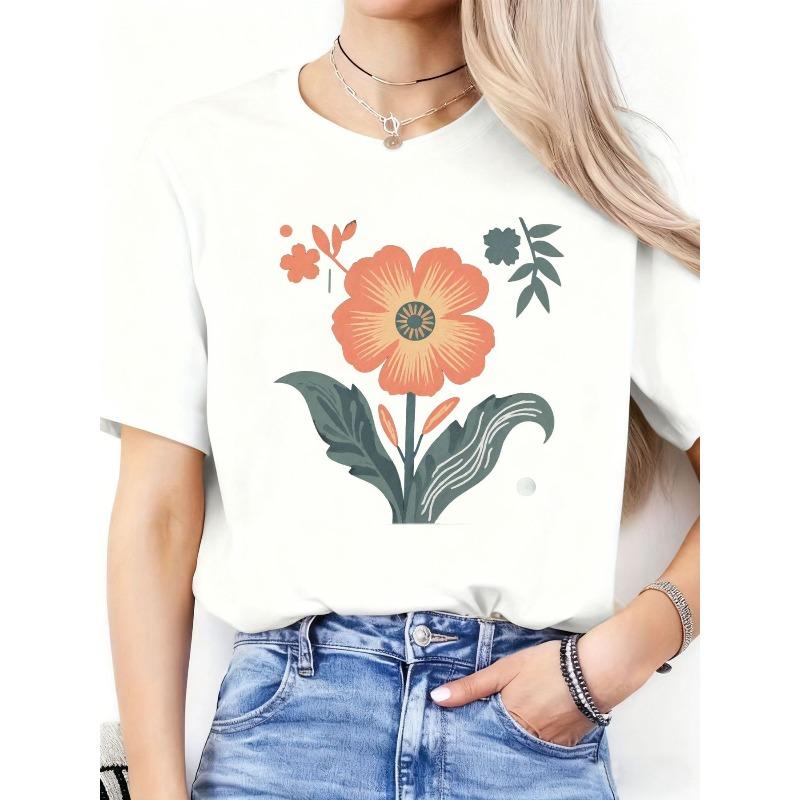 Women's Black Tee Large Orange Flower Green Leaves Print Mother's Day Casual Summer Top