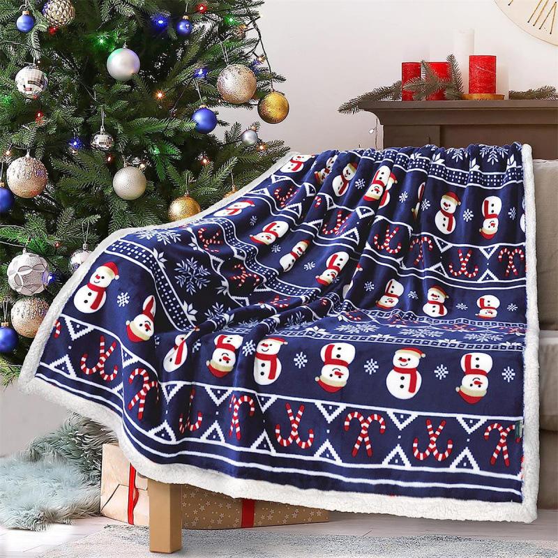 Christmas Reindeer Throw Blanket Double Layer Thicken Fluffy Soft,Warm,Fleece Flannel Santa Claus Snowman Blanket Home Gift