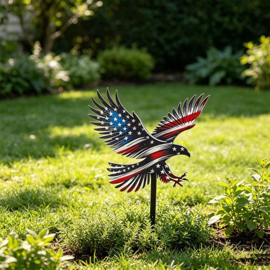 4th of July Garden Stake Stars And Stripes Eagle Yard Art Stake Patriotic Outdoor Decoration with Ground Stake for Flower Bed Lawn