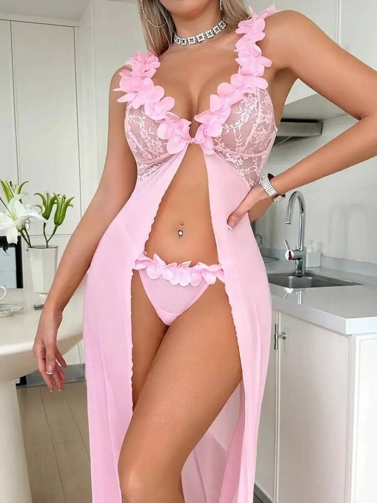 Sexy Pajamas For Women Split Lace Trim Sexy Transparent Backless Deep V Suspenders Sleeveless Dress Pure Desire Charming 0Fe5