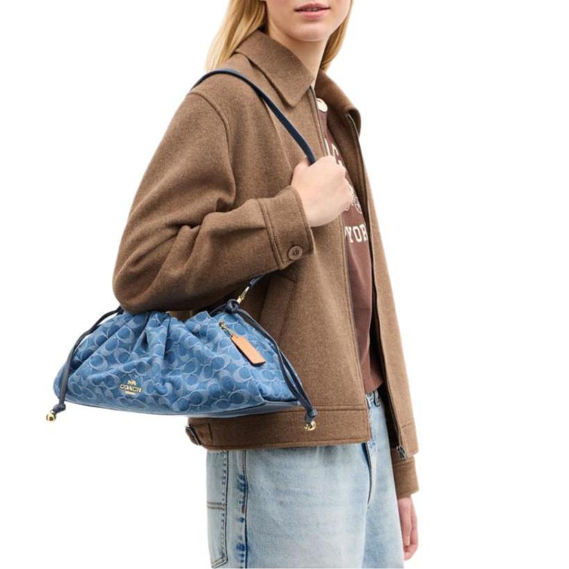 Coach Faye 38 Classic Monogram Logo Drawstring Closure Detachable Shoulder Strap Denim Tote Bag Large Women Tote Bag Indigo CDB97-IMTYV