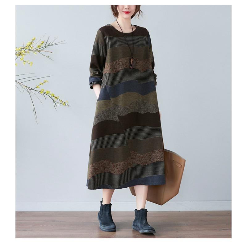 Frühling und Herbst Literarischen Stil Lose Druck Rundhals Langarm Kleid Frau